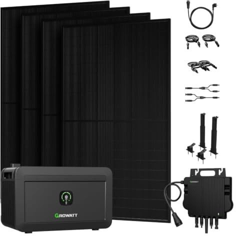 Powerness® 2000W Balkonkraftwerk mit Speicher 2048Wh, Growatt NOAH 2000 mit NEO 800W, 4× 500W Solarmodule mit Flachdach Halterung, Zubehör Komplettset, Plug & Play (0% MwSt)