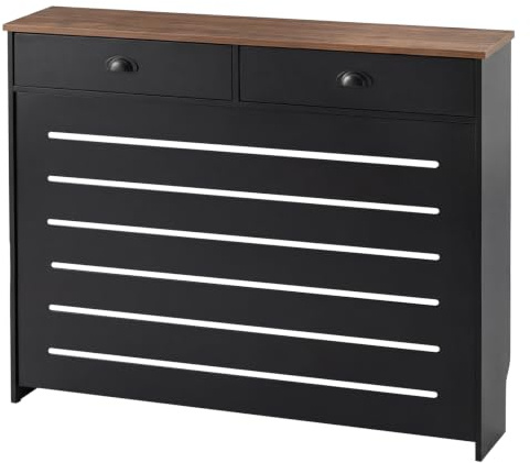 Levede Radiator Cover with 2 Drawers, 111.5cm Wide Wooden Heater Cabinet Storage Shelf, UK Skirting Board Pre-Cut Design, MDF Double Drawer Unit for Living Room Bedroom Hallway, Black & Walnut Top