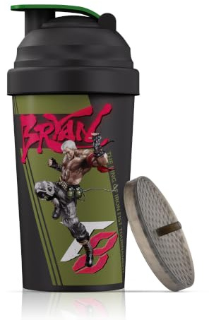 Player Ammo TEKKEN 8 Bryan Fury Shaker Bottle 600ml Gym Protein Mixer | Officially Licensed | Vibrant Full-Colour Print | Removable Mesh Grill for Mixing | Dishwasher-Safe Lid | Made in UK