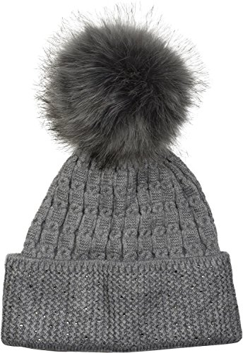 styleBREAKER weiche Feinstrick Bommelmütze mit Strass und abnehmbarem Kunstfell Bommel, Fellbommel Mütze, Damen 04024133, Farbe:Grau