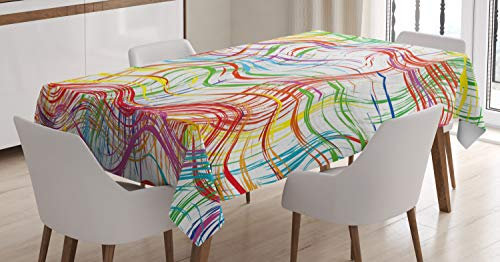 ABAKUHAUS Grunge Tischdecke, Wellenförmige Bunte Streifen, Schmutzabweisent mit Modernster Druck Technologie Waschbar Klare Farben, 140 x 170 cm, Rot Grün Lila