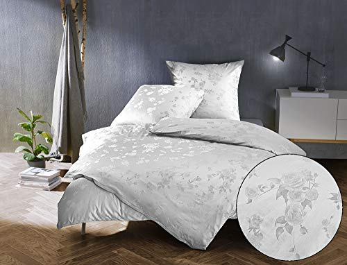 Bettwaesche-mit-Stil Mako Satin Jacquard Damast Bettwäsche Zoé Rose - weiß - 140x200 + 70x90 cm