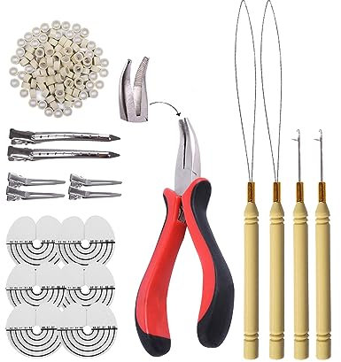Hair Extensions Tools Kit: I-Tip Hair Pliers, Pulling Needle, Loop Threader and 200 Pieces 5.0mm Silicone Hair Extension Rings Beads Links (Blonde)