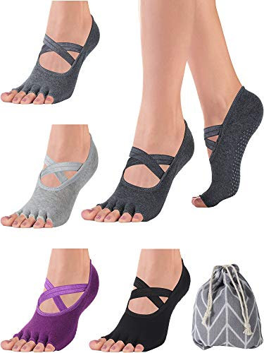 SATINIOR 4 Paar Rutschfeste Zehenlos Yoga Socken mit Griffen Halber Zehe Socken für Damen Pilates Barre Tanz Ballet Kickboxing
