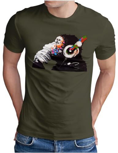 OM3® Ape-Music T-Shirt | Herren | Music DJ Monkey Headphones Party Graphic | Oliv, 3XL