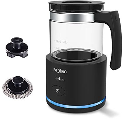 Solac - Espumador de leche Automático Milk4you | 600W | Ideal para batidos, chocolate y capuccinos | Leche fría y caliente | Anillo luminoso 3 funciones | Jarra cristal apta para lavavajillas