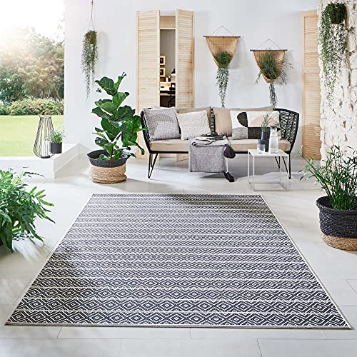 Steffensmeier Indoor Outdoor Teppich Öland Balkon Terrasse Küche Garten wasserfest Kunststoff, strapazierfähig, Streifen Beige Blau, 135x190 cm