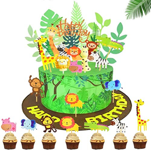 JORAKI Jungle Animal Cake Topper Cupcake Toppers DIY Dessert Cake Decoration for Boy Girl Kid Birthday Party Decoration, Jungle Safari Theme Party