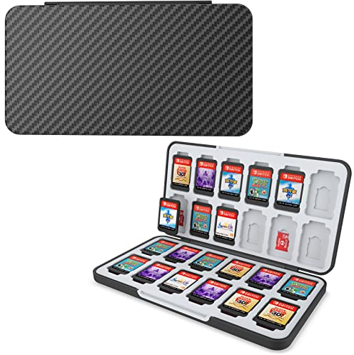 HEIYING Game Card Aufbewahrungsbox für Switch 2/ Switch OLED / Lite,Kohlenstofffaser-Oberflächenverfahren Design Speicherkartenhalter mit 24 Game Card Slots und 24 Micro SD Cards Slots