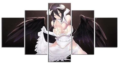 MPPSU Sexy Anime-Mädchen Mit Schwarzen Flügeln Wanddekoration Wohnzimmer Leinwandbild Jugendzimmer Poster Set Modern 5 Teiliges Wandbild Bedroom Decor XXL Bilder Mit Rahmen 100 * 50cm