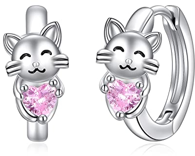 VONALA Katze Creolen Ohrringe, 925 Sterling Silber Katze Schmuck mit Rosa Zirkonia für Damen Mädchen