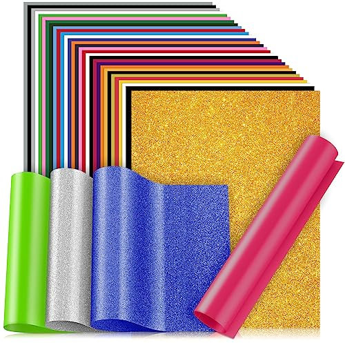 Amzeeniu Wärmeübertragungsvinyl, 33 Stück, 22 Farben, HTV, 30,5 x 25 cm, DIY, Vinyl, Transferpapier, Vinyl, Basteln, Logo, T-Shirts, Geschenk zum Valentinstag, matt + Pailletten