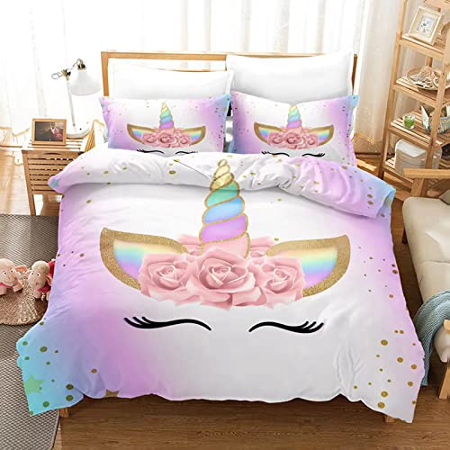Housse De Couette Licorne 220x240cm pour Enfant Fille Parure De Lit Licorne 2 Personnes avec Fermeture Éclair,Rose Licorne Housse de Couette + 2 Taies d'oreiller 65x65 cm