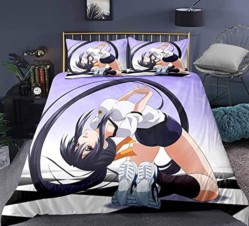 High School DxD Himejima Akeno Anime Bettwäsche-Sets Cartoon 3D-gedrucktes Polyestergewebe 1 Bettbezug + 2 Kissenbezüge (keine Bettdecke)
