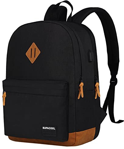 SUPACOOL Lightweight Casual Laptop Backpack with USB Charging Port For for Men and Women, School Bookbag for College,Travel Backpacks Black and Brown