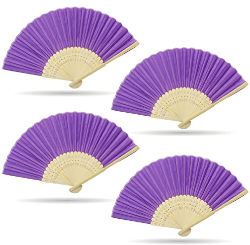 Grantop 4 Pcs Black Folding Hand Fan, Silk Fabric Bamboo Ribs Handheld Fan, Folding Chinese Fan for Wedding Christmas Party Prom Festival DIY Home Decorations (Purple)