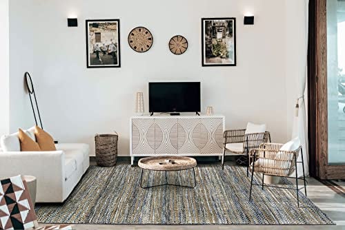 HAMID - Woll- und Jute-Teppich Olivia, Handgewebter Woll-Jute-Teppich für Wohnzimmer, Schlafzimmer, Blau Geädert, (300 x 400 cm)