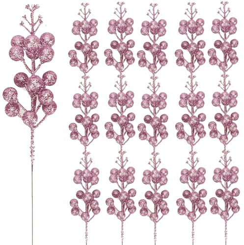 KKSTY Pack of 16 Christmas Glitter Berry Stem, Artificial Berry Picks Holly Berries Branches for Christmas Tree Decoration Wreath Making Supplies DIY Crafts Holiday Season Winter Home Decor (Pink)
