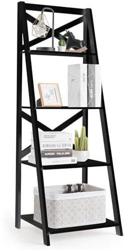 SFAREST 4-Tier Tall Ladder Shelf, Freestanding Plant Flower Stand and Bookcase Shelving Unit Rack, Leaning Wooden Storage Display Bookshelf for Living Room, Bedroom and Garden (Black)