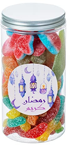 Fizzy Fruchtgummi Geschenkbox 450g | Ramadan Sticker Wählbar | Kindergeshenke | Süßigkeiten (Ramadan-Kareem Sticker - Arabische Version)