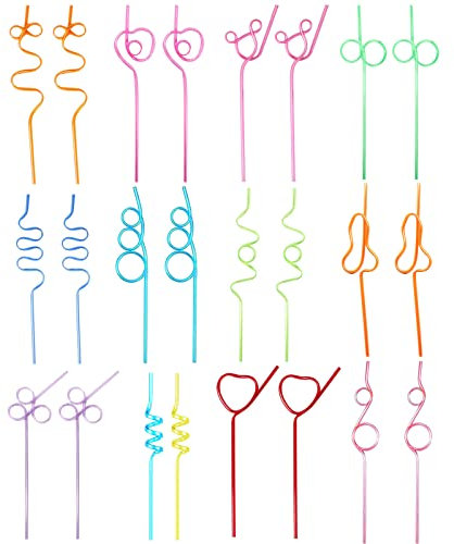 24 Pcs Pailles Réutilisables pour Enfants 12 Formes Pailles Nouées Pailles Bouclées Pailles Cocktail Pailles Fêtes D'anniversaire Enfants pour Jus De Lait Cocktails Décorations Faveurs De Fête