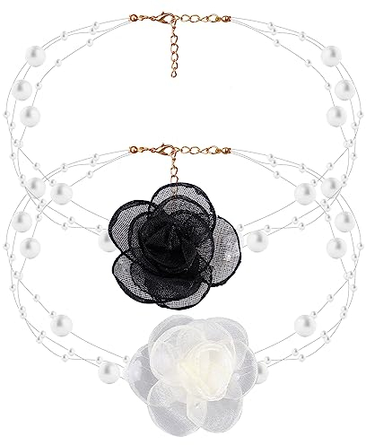 LUTER Halsband Blumen Damen, Rosen-Blumen-Halskette, Boho-Stoff-Blumen-Halskette mit Perlenkette für Frauen Braut Hochzeitsfeier Geburtstag (Weiss)