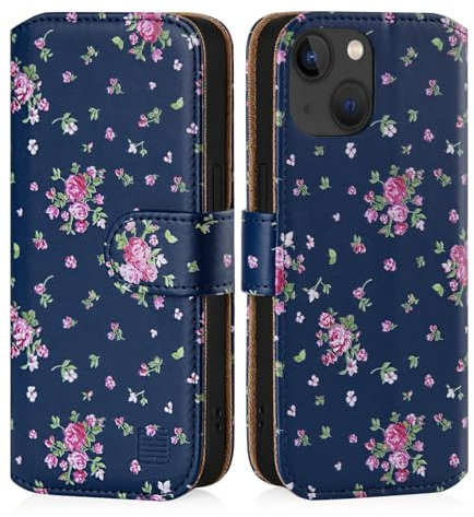32nd Blumen Series 3.0 - PU Leder-Mappen-Hülle Case Cover für Apple iPhone 15 (6.1), Blumendesign hüllen Mit RFID-Blockierung Kartensteckplatz, Magnetverschluss und Standfuß - Weinlese-Rosen-Indigo