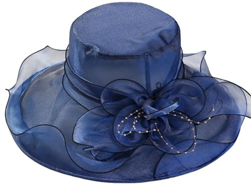 HIQIU Organza Hut Damen Breite Krempe Sommerhut Strandmütze, Ladies Elegant Sonnenhüte Fascinator Kirche Derby Hochzeit Party Hut (Marineblau)