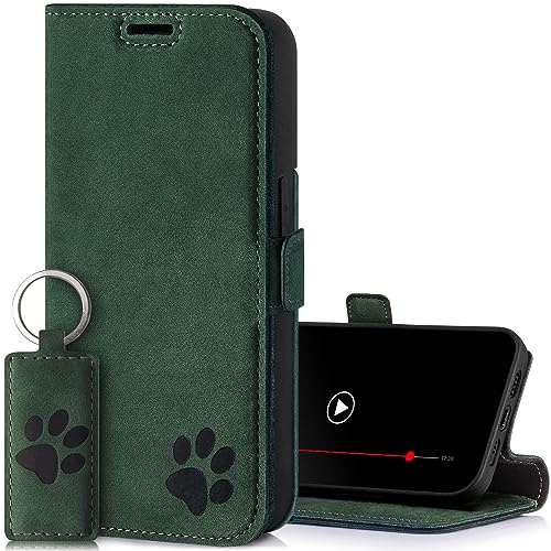 SURAZO Slim Magnet Handyhülle für Apple iPhone 15 Pro Max Hülle Leder – Echtleder Schutzhülle Pfote Motiv – RFID Klapphülle [Standfunktion, Kartenfach] Flip Cover Case Lederhülle (Dunkelgrün)