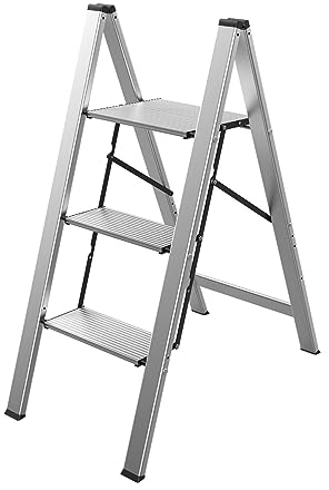 Mephisto Trittleiter Klappleiter Stufenleiter Haushaltsleiter flach aus Aluminium inkl. Anti Rutsch Trittflächen mit 3 Stufen ohne Griff bis 150 kg Tragkraft
