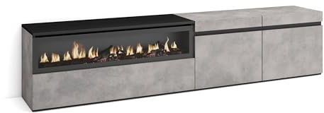 Skraut Home | Mueble TV | Televisión | Muebles de salón, almacenaje | 200x45x35cm | para TV hasta 80 | Chimenea eléctrica | Estilo Moderno | Cemento