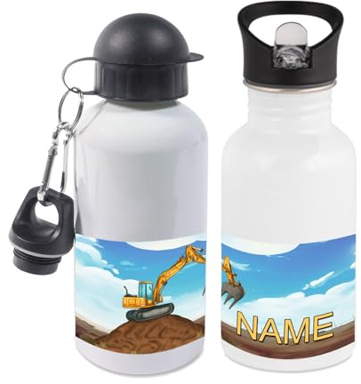 Maus-Design Trinkflasche personalisiert mit Name, Bagger | 400ml, 500ml oder 600ml, Schriftwahl für Name, Edelstahl oder Aluminium