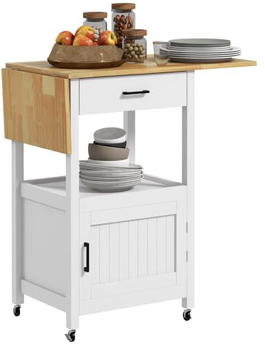 HOMCOM Chariot de Service desserte de Cuisine à roulettes Meuble de Rangement avec Plateau Pliable tiroir étagère et Armoire avec 2 Portes en Bois dim. 59,5L x 45,5l x 89H cm - Blanc