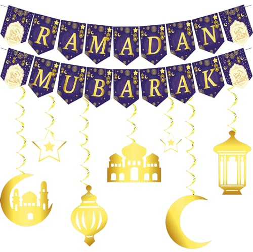 Ramadan Deko, Ramadan Mubarak Dekorationen Goldene Sterne und Monde Banner, Eid Mubarak Party Deko, Ramadan Kareem Festival Zubehör