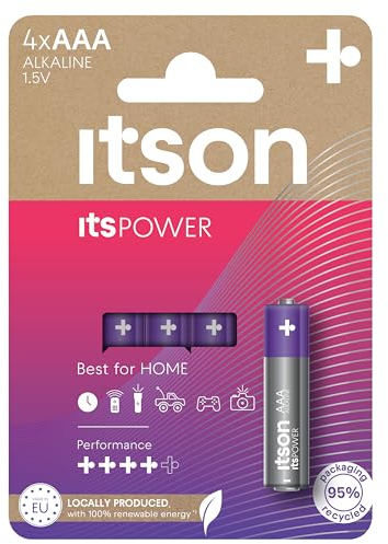 ITSON, AAA batterie alcaline, confezione da 4, per orologi, torce, telecomandi, confezione senza plastica, LR03IPO/4CP