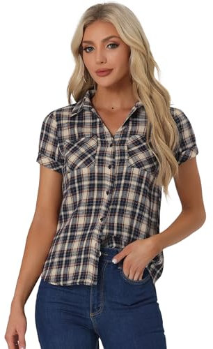 Allegra K Chemise boutonnée à Carreaux décontractée pour Femme Blanc Bleu Foncé L