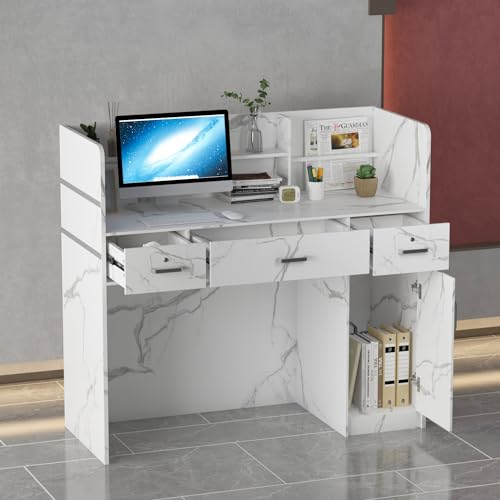 Caldion Empfangstheke mit 3 Schubladen und Ablageflächen Empfangstresen,Bürotheke Rezeption Tisch mit privatem Panel für Salon Empfangsraum Kasse, Lobby Marmorader 120cm B x 48cm T x 110cm H