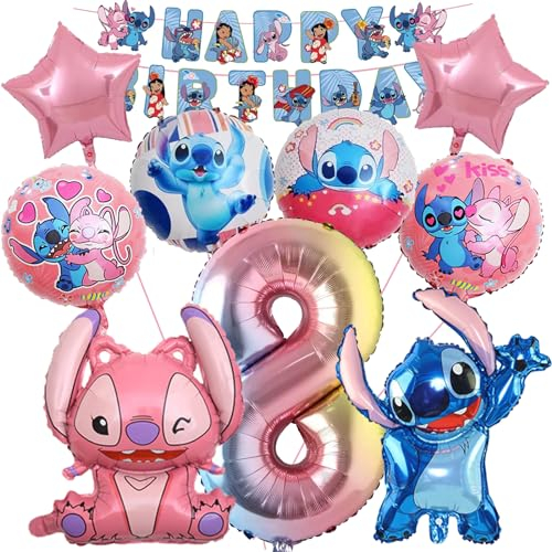 OSOFREE 10 Stück Stitc Luftballons Geburtstag Set 8 Jahre Mädchen, Geburtstagsdeko Folienballon, Kindergeburtstag Luftballons, Geburtstag Party Deko Ballons Set für Kinder (8)