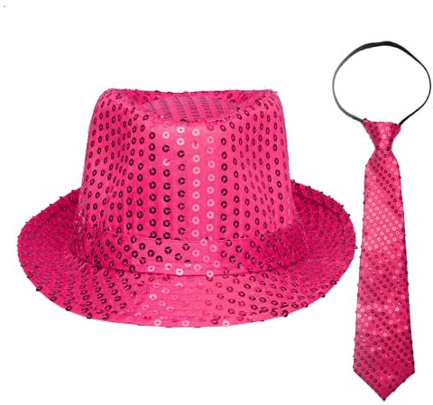inlzdz Fedora Chapeau Paillettes Enfant Adulte Rétro Chapeau Disco Danse Jazz avec Cravate Casquette Cap Unisexe 54cm et 58cm A Rose Vif L