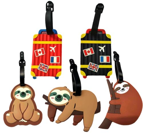 5 Stück Kofferanhänger,Sloth Gepäckanhänger, PVC Wasserdichte Adressanhänger,Cartoon Koffer Namensanhänger, Reisen Kofferschild Deko für Reisegepäck Anhänger Identifizierung Gepäck