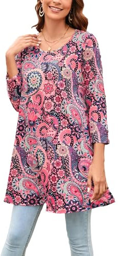 Enmain Maglietta Donna Tunica 3/4 Manica Lunga Rosa Camicia Donna Primavera Elegante Bluse Taglie Forti con Paisley Stampato 3XL