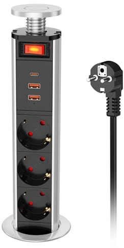 Versenkbare Steckdose 3 Fach mit Schalter USB C PD 20W, Ohuo Einbausteckdose mit USB C und USB-A Anschluss, 1,8 m Kabel Silber