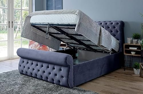 Furnishion Double Sleigh Bed with Storage - Steel - Dark Grey Plush Velvet Ottoman Style- Mattress not Included - Upholstered Sleigh Beds (Steel plush, Super King 6ft Storage Bed + Mattress)