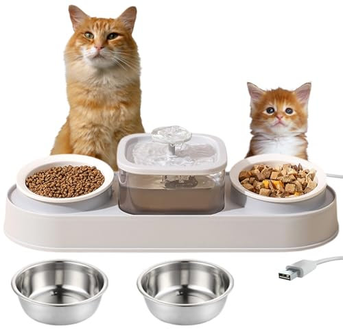 Wenbones 3 in1 Mangeoirs et Abreuvoirs pour Chats, Gamelle Chat Pompe Fontaine a Eau Chat, Gamelle pour Chat Incliné à 15°, Fontaine à Eau pour Chat pour et Chiots, Total de 4 Bols pour Chats (Gris)