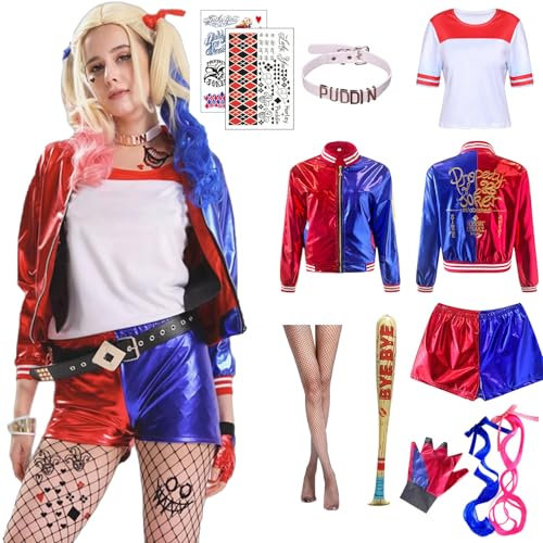 Raveparty Cosplay Kostüm, Halloween Karneval Kostüm Damen&Kinder, Mädchen Kostüm-Outfits mit Oberteile, Shorts, Kragen, Perücke, Strümpfe, Tattoo, Baseballschläger, für Cosplay (Damen, XL)