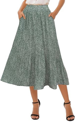 Timuspo Rock Damen Sommer Plisseerock Elegant Midirock mit Taschen Weiter Luftiger Sommerrock A-Linie Lange Röcke Polka Dot Skirt Faltenrock Laub Grüner Rock M