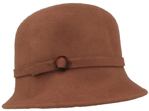 Breiter Damen Filzhut Glocke 100% Wolle Wollfilzhut Glocke mit Plastikschließe Ripsband-Garnitur Camel M