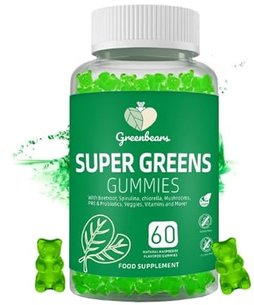 Super Greens Gummies – Superfood with Spirulina, Chlorella & Mushrooms – Vegan Greens Powder Alternative for Gut Health, Energy & Immunity – Sugar Free – 60 Gummies – Greenbears