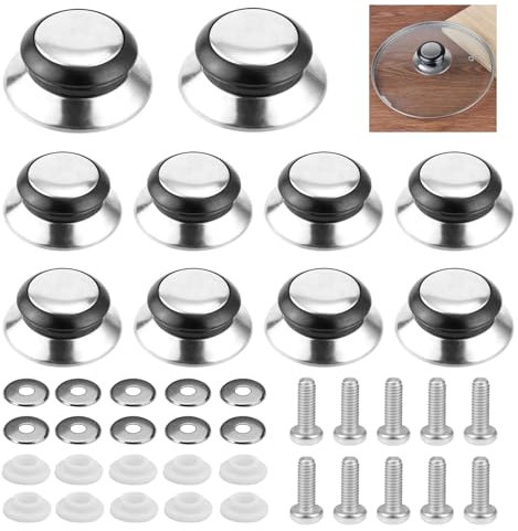 10 Piezas Pomo Tapa Cacerola, Perillas Pomo Recambio Tapadera, Acero Inoxidable Tapas de Recambio, Pomos Universales de Repuesto para Tapa de Sartén, Resistente al Calor Tapas de Repuesto de Vidrio