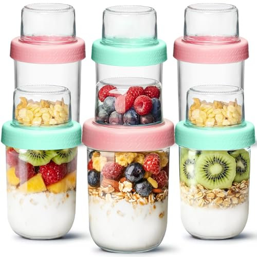 ComSaf Overnight Oats Gläser 6 Pack, Müslibecher to go 500 ml, Joghurtbecher to go mit Doppelschicht-Design, Müsli to go Becher mit Schraubdeckel, Meal Prep Gläser mit Deckel für Yogurt, Porridge